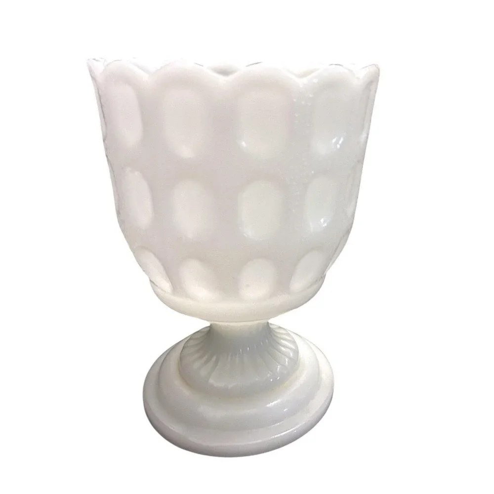 Vintage Brody Co. Milk Glass Vase Thumbnail Pedestal Scalloped Collectible Decor